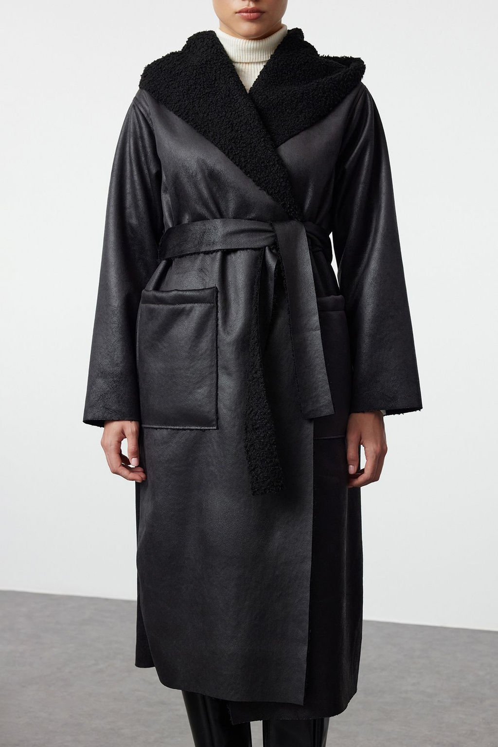 Siyah Cift Tarafl? Oversize Uzun Kaban TWOAW25KB00068 - Trendyolmilla фото 6