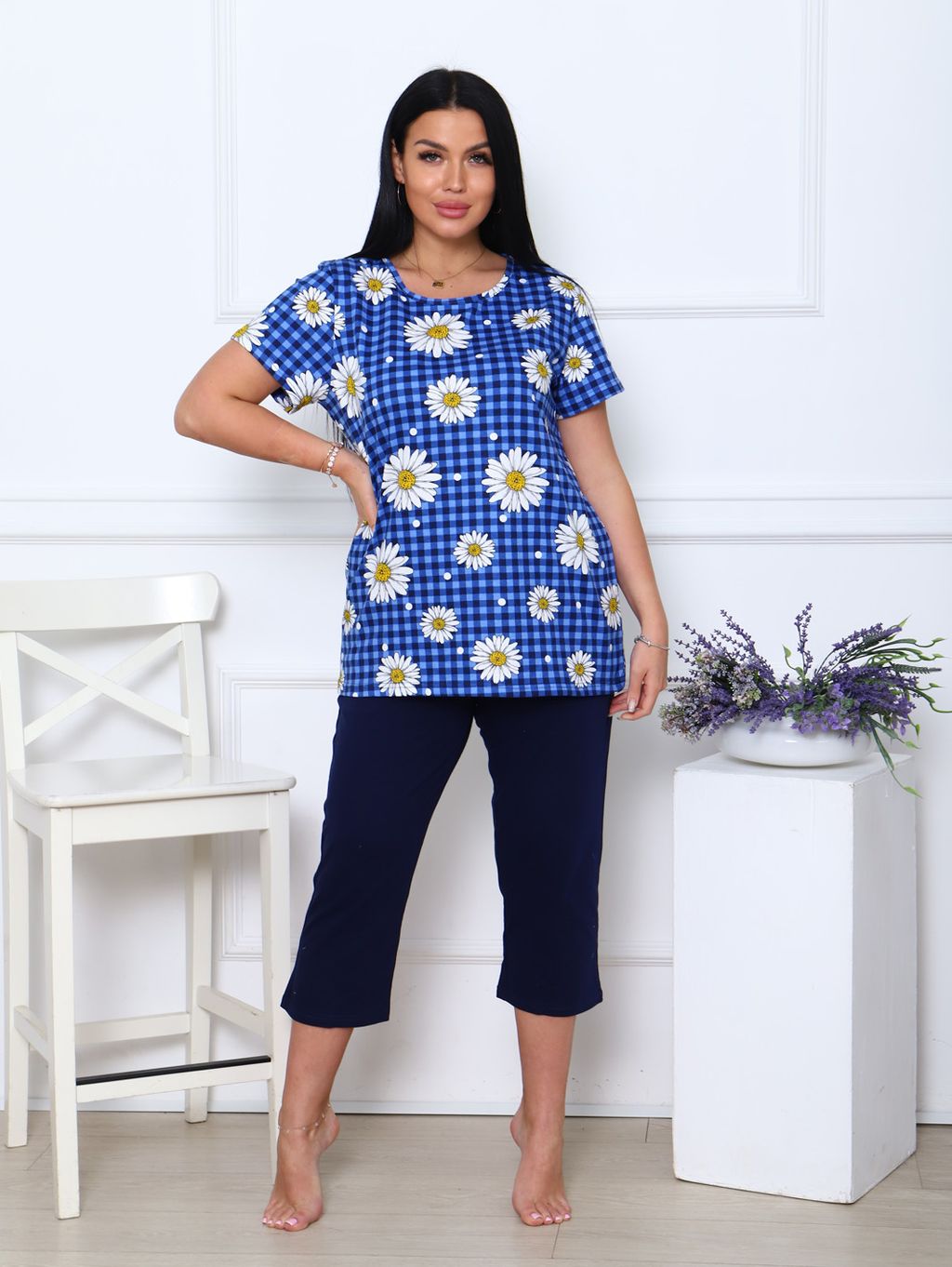 Костюм с бриджами, синий клетка (891-3)