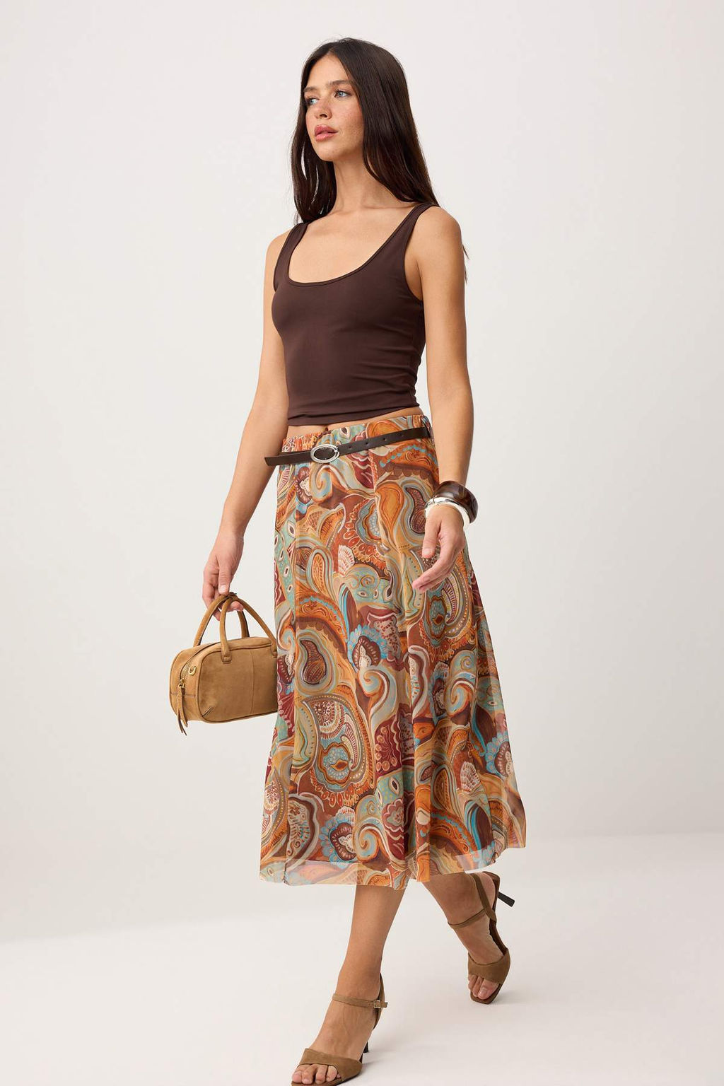 Sar? Sal DesenBoho/Boho Chic Skater Kemerli Normal Bel Midi Tul Orme Etek TWOSS26ET00165 - Trendyolmilla фото 2