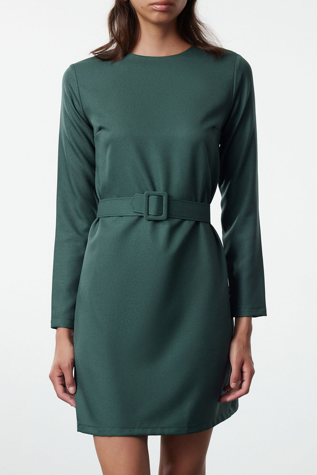 Yesil Shift/Duz Kesim Kemerli Mini Dokuma Elbise TWOAW25EL00190