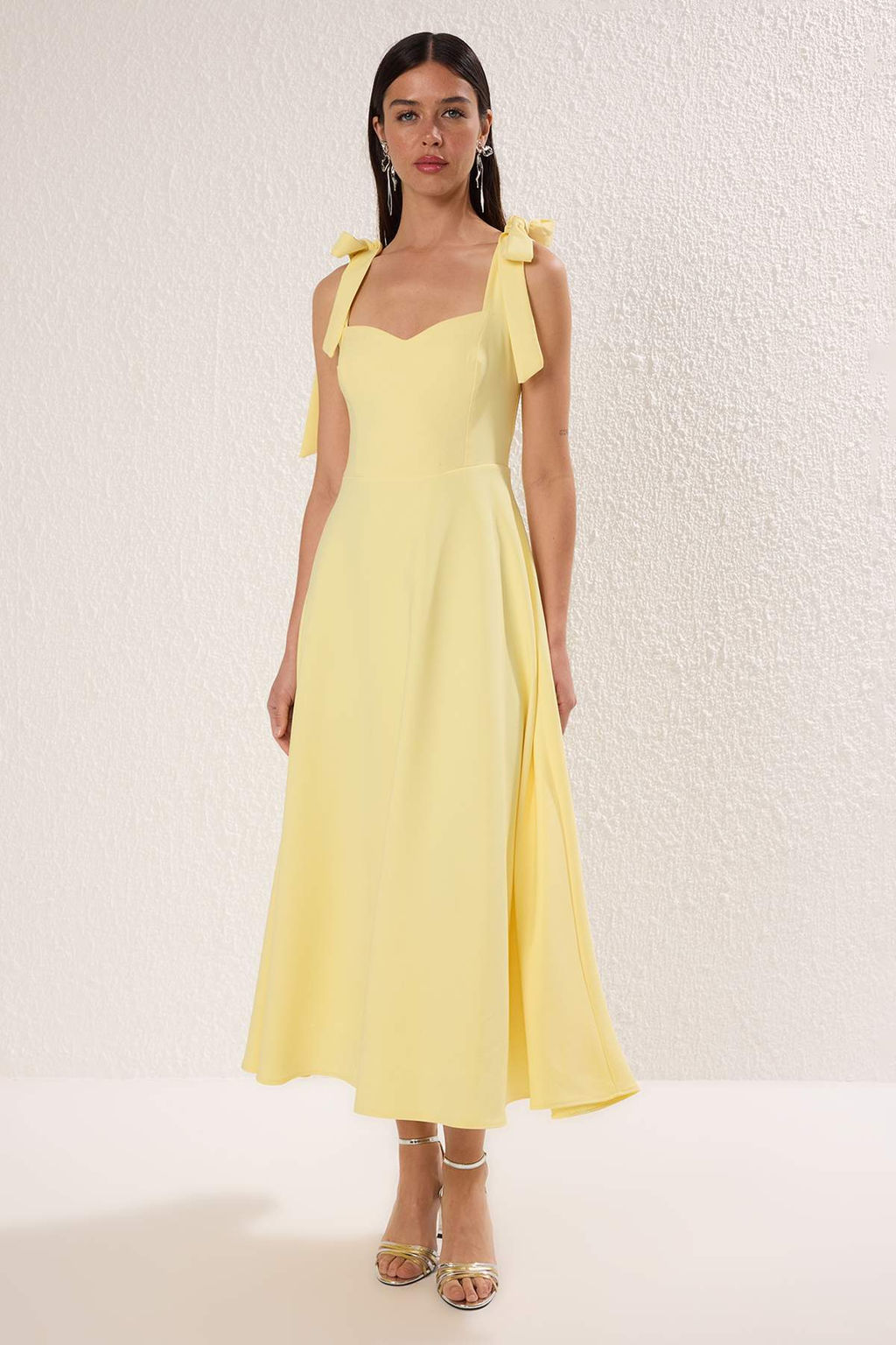 Ac?k Sar? A-Kesim Ask? Baglama Detayl? Dokuma Midi S?k Abiye Gece Mezuniyet Elbisesi TPRSS24EL00251