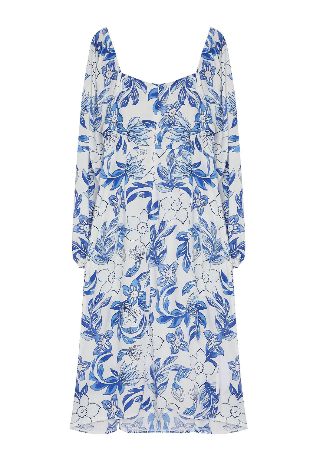 Mavi Soyut Mavi Cicek Desenli Midi Dokuma Elbise TWOAW24EL00865