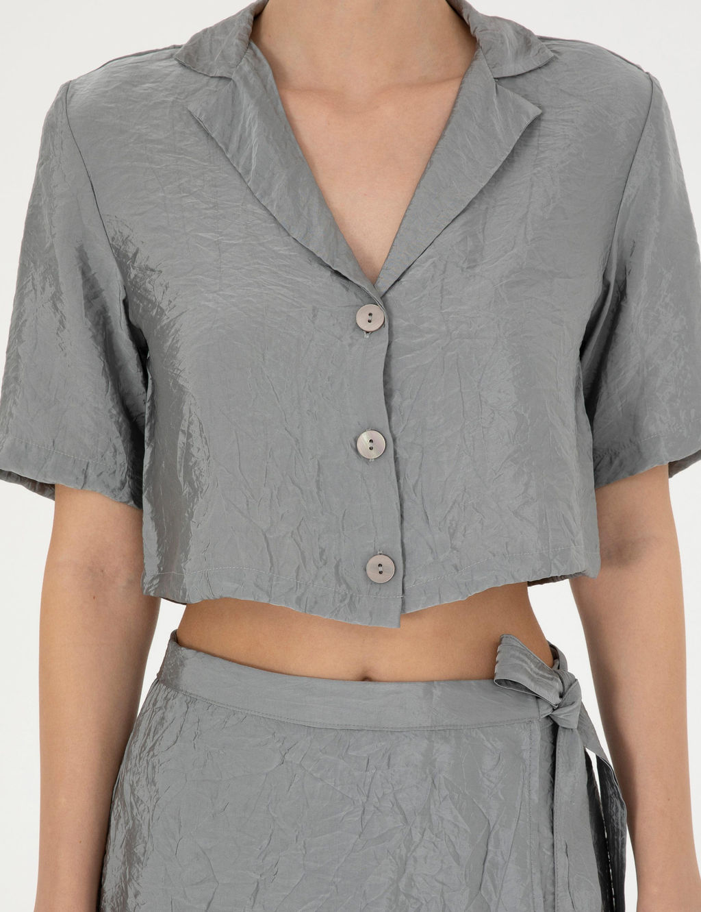 Gri Regular Fit Crop Top K_sa Kollu G_mlek - Pierre cardin фото 6