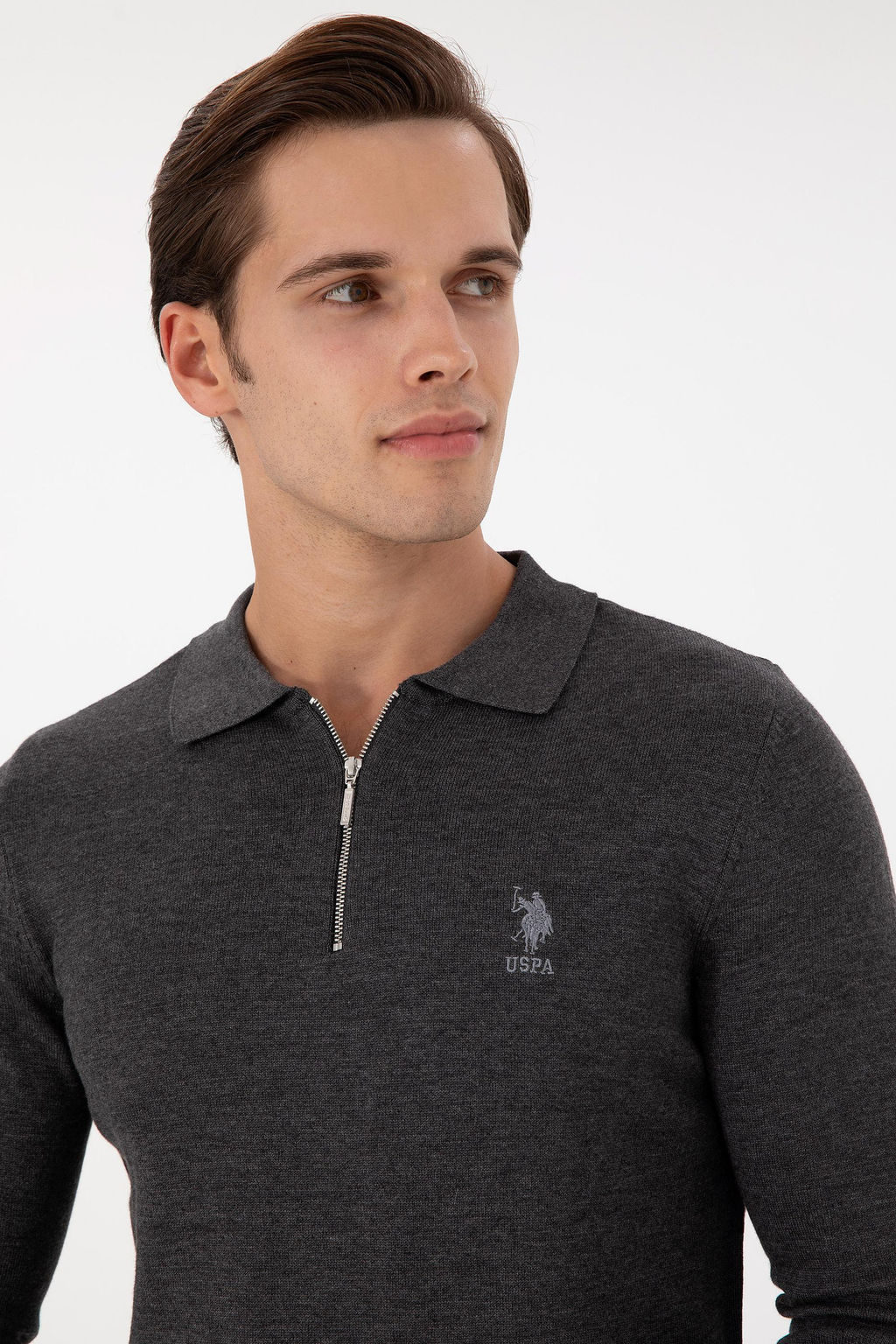 Erkek Slim Fit Yar_m Fermuarl_ Antrasit Melanj Basic Kazak - U.s. polo assn фото 2