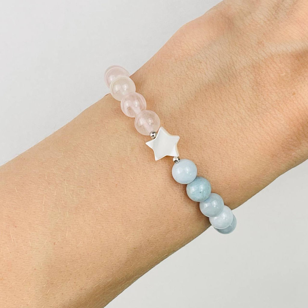 Браслет детский из Аквамарина, Розового кварца и Перламутра 15 см