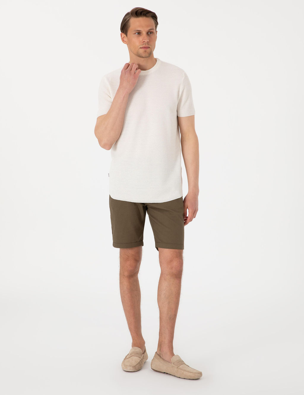 Ekru Slim Fit Keten Kar___ml_ Triko Ti__rt