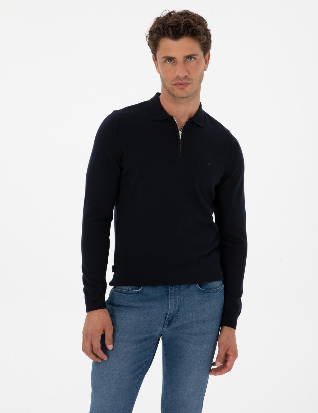 Lacivert Slim Fit Polo Yaka Fermuarl_ Basic Triko Kazak - Pierre cardin фото 3