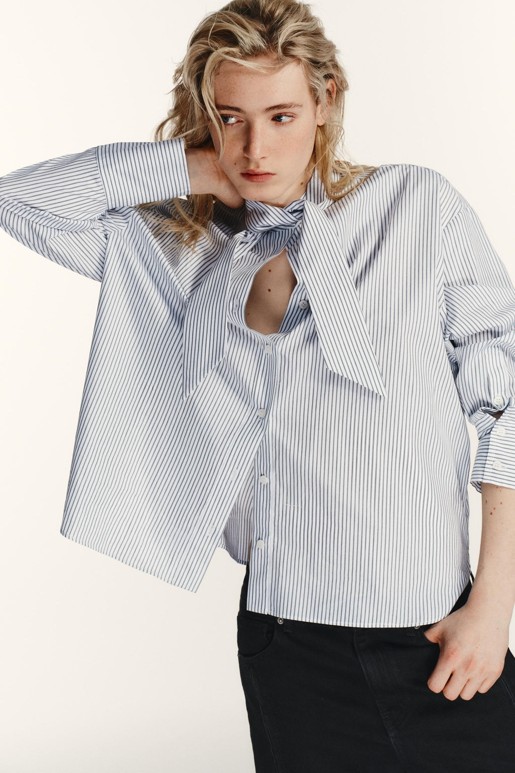 STRIPED POPLIN SHIRT WITH SCARF DETAIL