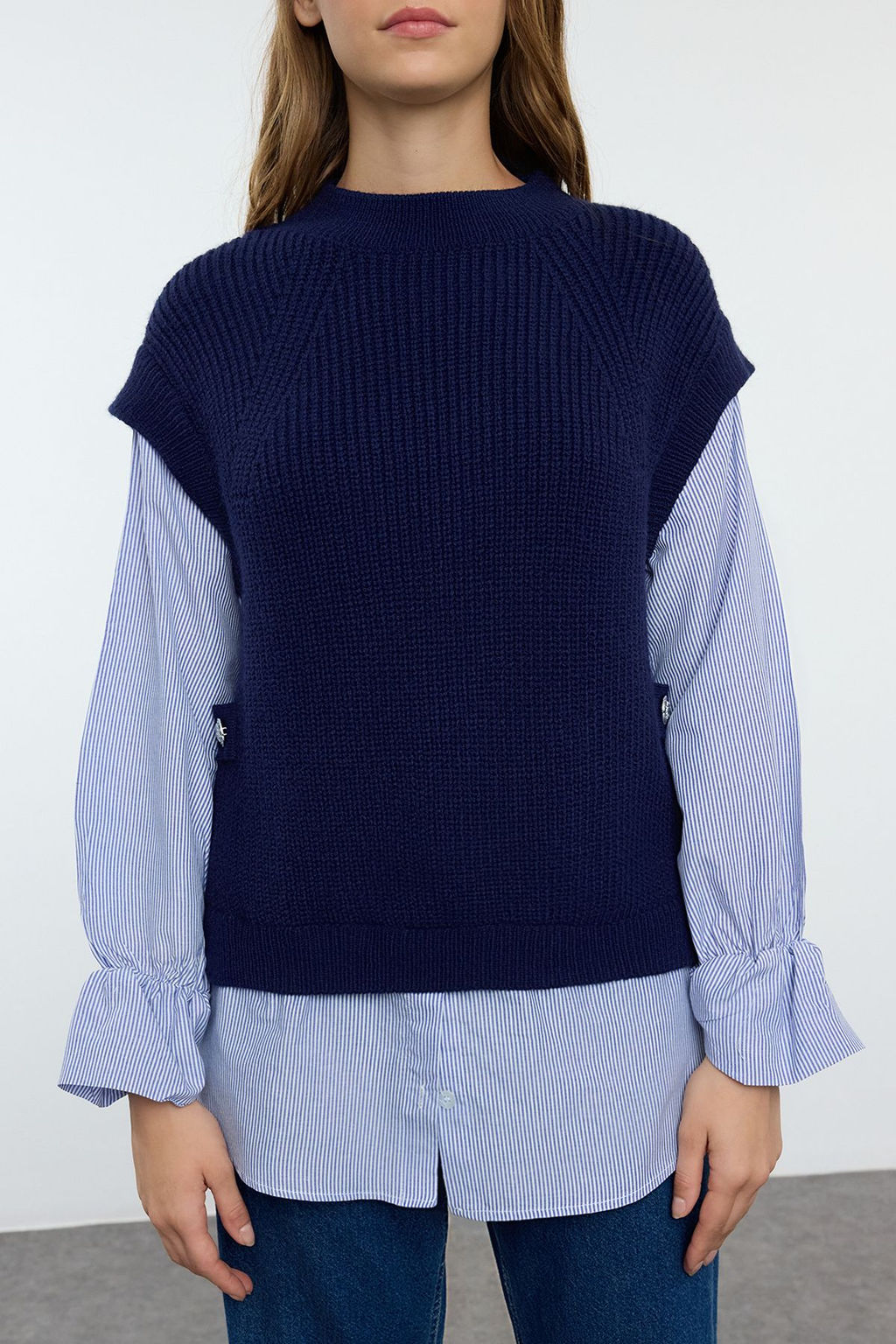 Lacivert Yumusak Dokulu Gomlek Garnili Triko Kazak TWOAW25KZ00033 - Trendyolmilla фото 3