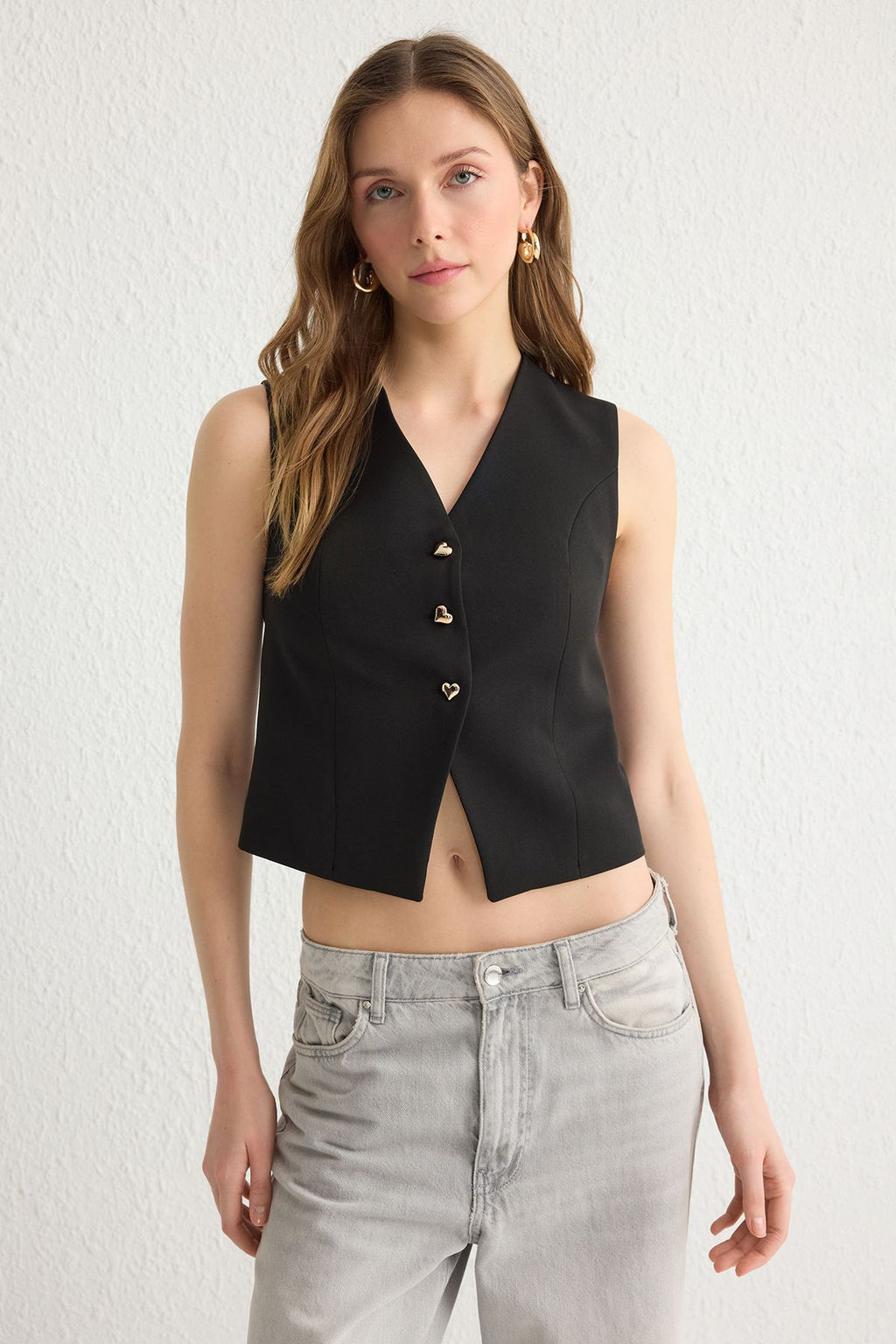 Siyah Fitted Crop Kalpli Dugmeli Dokuma Yelek TWOSS25YE00015