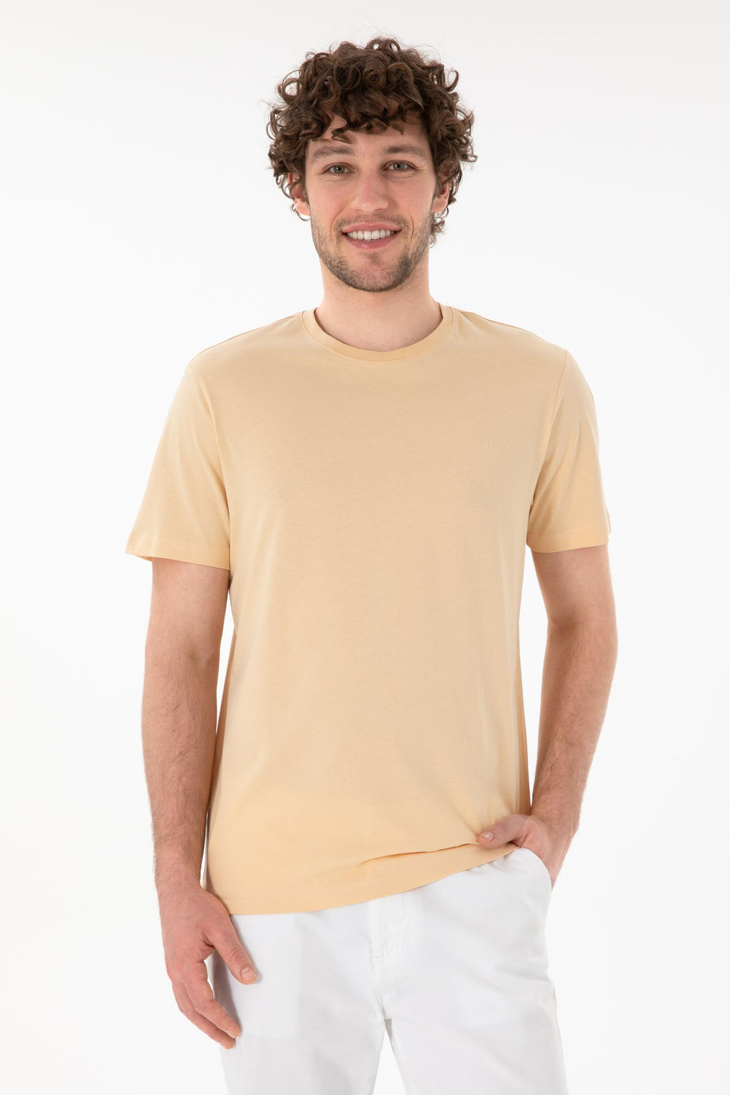 Erkek Regular Fit Bisiklet Yaka Bej Basic Ti__rt Sepette S_rpriz _ndirim