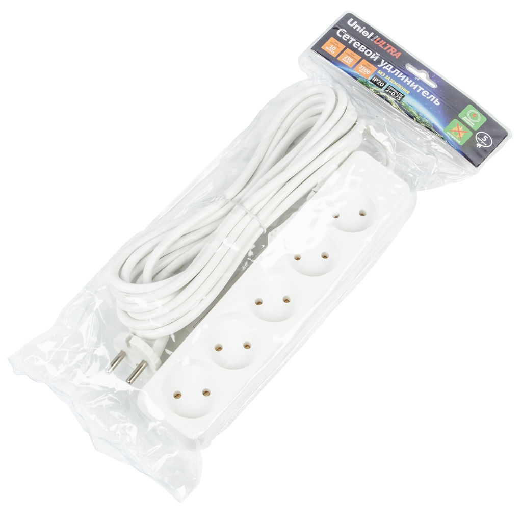 S-CU4-5 WHITE Удлинитель серии Ultra, шнур 5м., 4 гнезда, 10A, б/з. Белый. TM Uniel