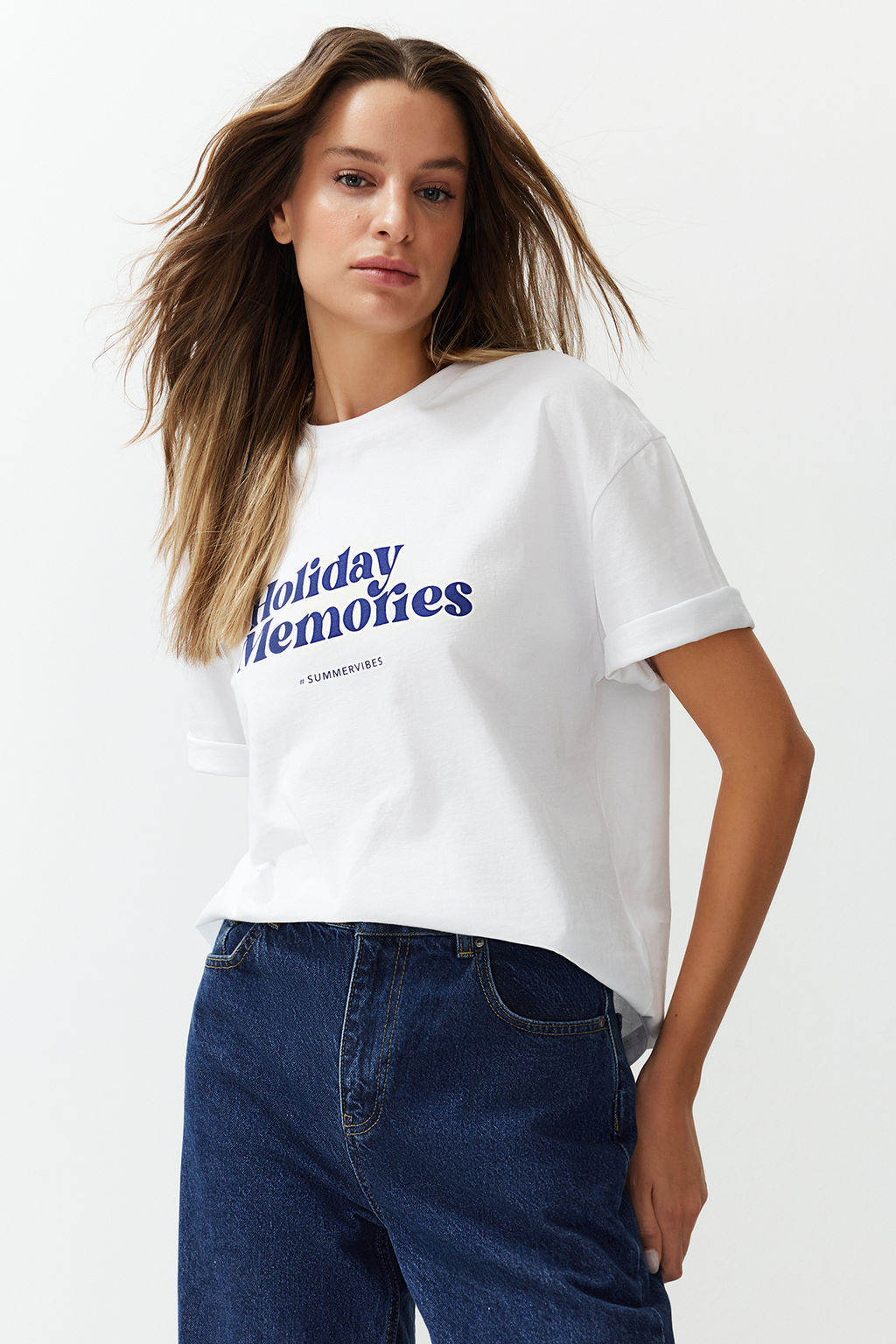 TRENDYOLMILLA Beyaz Bask?l? Premium %100 Pamuk Relaxed/Rahat Kesim Orme T-Shirt TWOSS24TS00178  фото 15