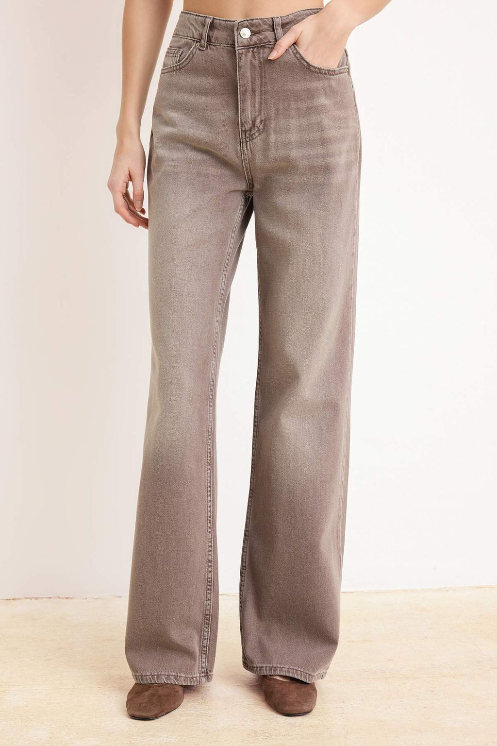Ac?k Kahverengi DOKUMLU Vintage Y?kama Yuksek Bel %100 Pamuk Wide Leg Jeans TWOSS26JE00172 - Trendyolmilla фото 5