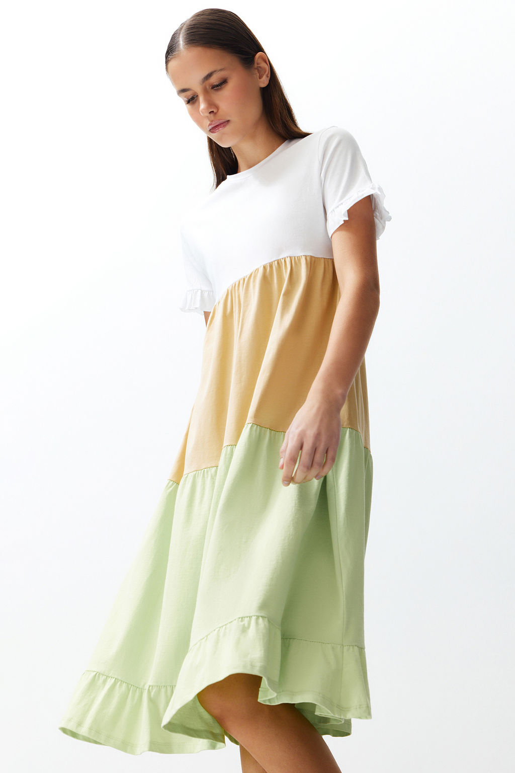 Cok Renkli Renk Bloklu A Kesim/Can Form Bisiklet Yaka K?sa Kol Orme T-shirt Elbise TWOSS24EL00192 - Trendyolmilla фото 2