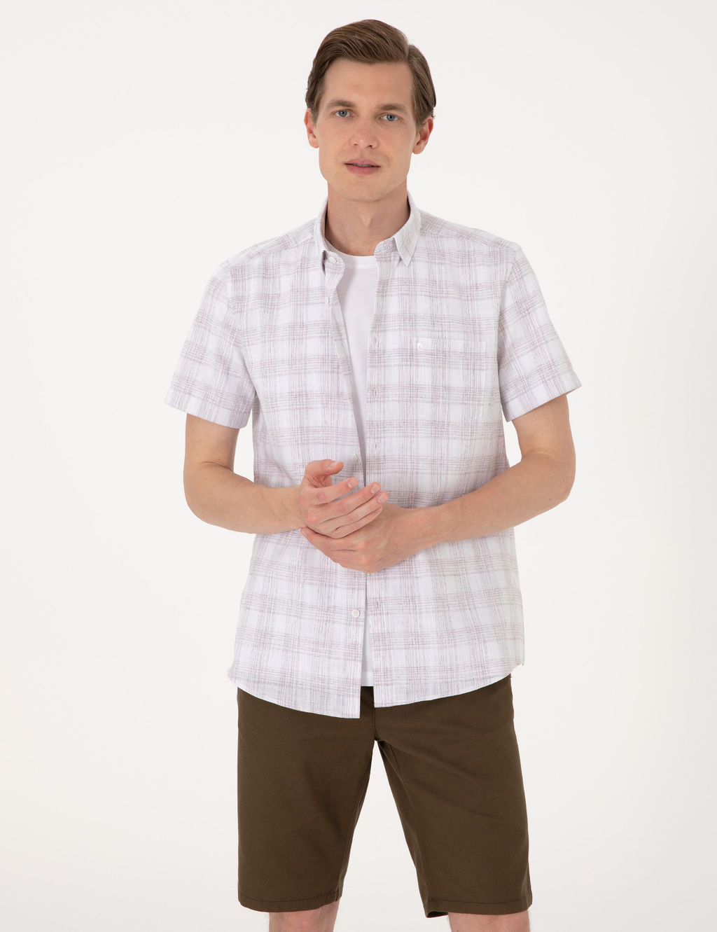 Kahverengi Regular Fit K_sa Kollu Ekose G_mlek