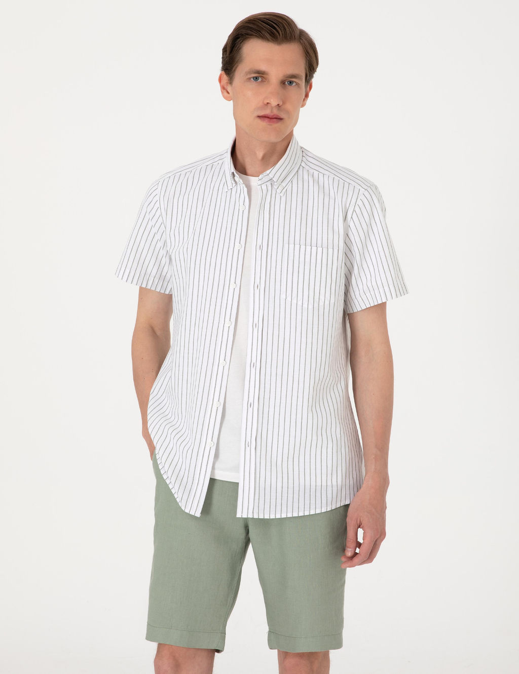Haki Regular Fit _izgili K_sa Kollu G_mlek