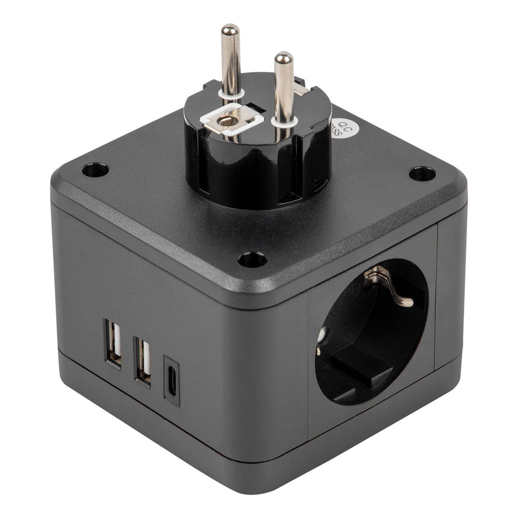 S-GES2-16SBUC BLACK Разветвитель сетевой с выключателем, с/з. 2 гнезда. 2USB+1TYPE C. 16А, 3500Вт. Черный. ТМ Uniel