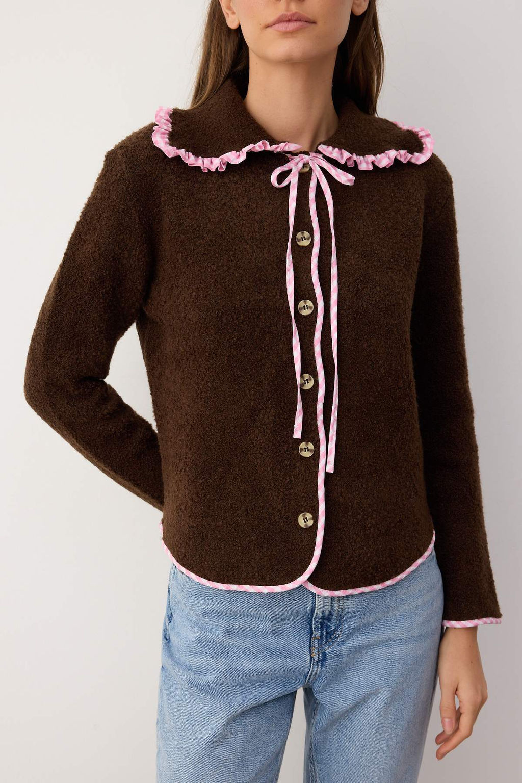 Kahverengi Yumusak Dokulu Garni Detayl? Genis Kal?p Mont Gorunumlu Triko H?rka TWOAW26HI00009