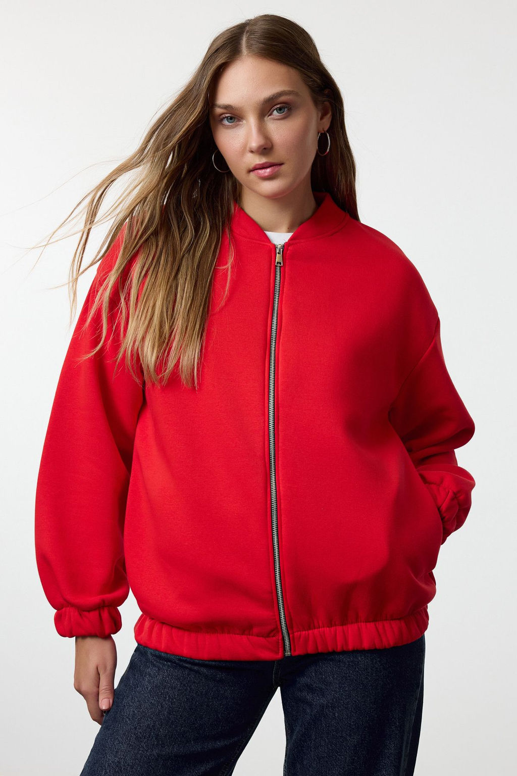 K?rm?z? Fermuarl? Oversize/Genis Kal?p Kal?n Ici Polarl? Orme Sweatshirt TWOAW25SW00122