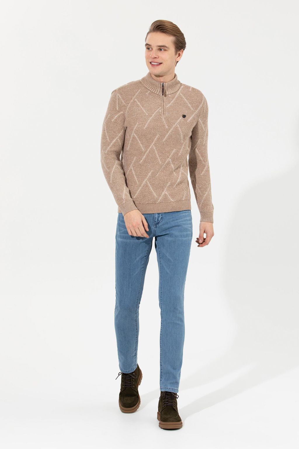 U. S. Polo Assn Мужской светло-коричневый меланжевый трикотажный свитер с высоким воротником - U.s. polo assn фото 3