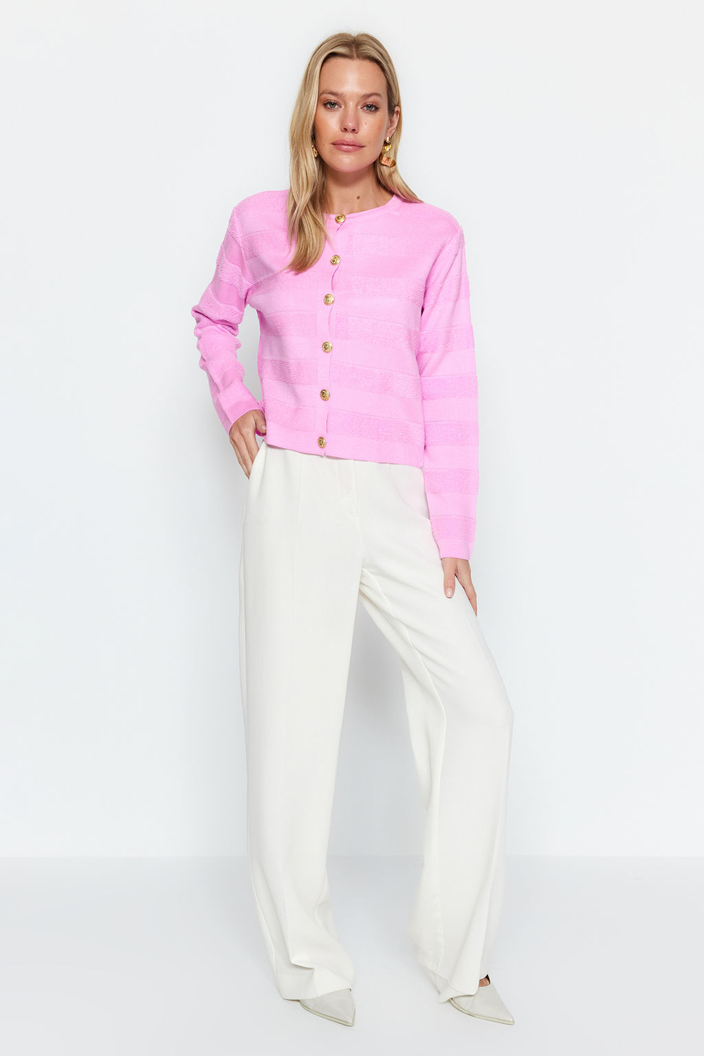 Pembe Bisiklet Yaka Ceket Gorunumlu Triko H?rka TWOAW24HI00337