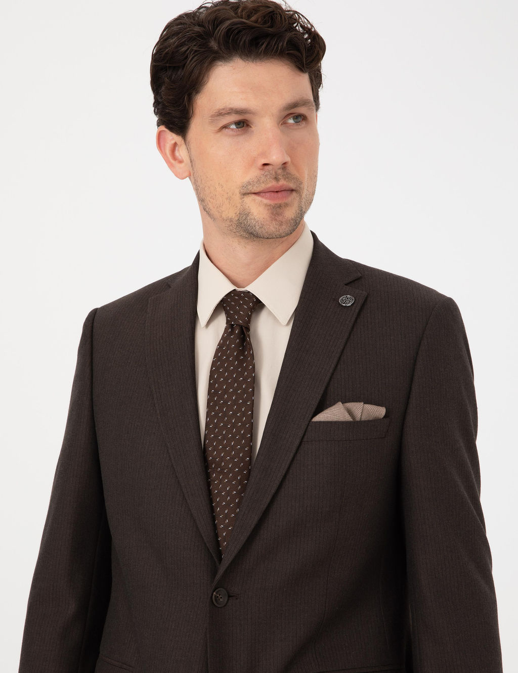 Kahverengi Slim Fit _izgili Tak_m Elbise