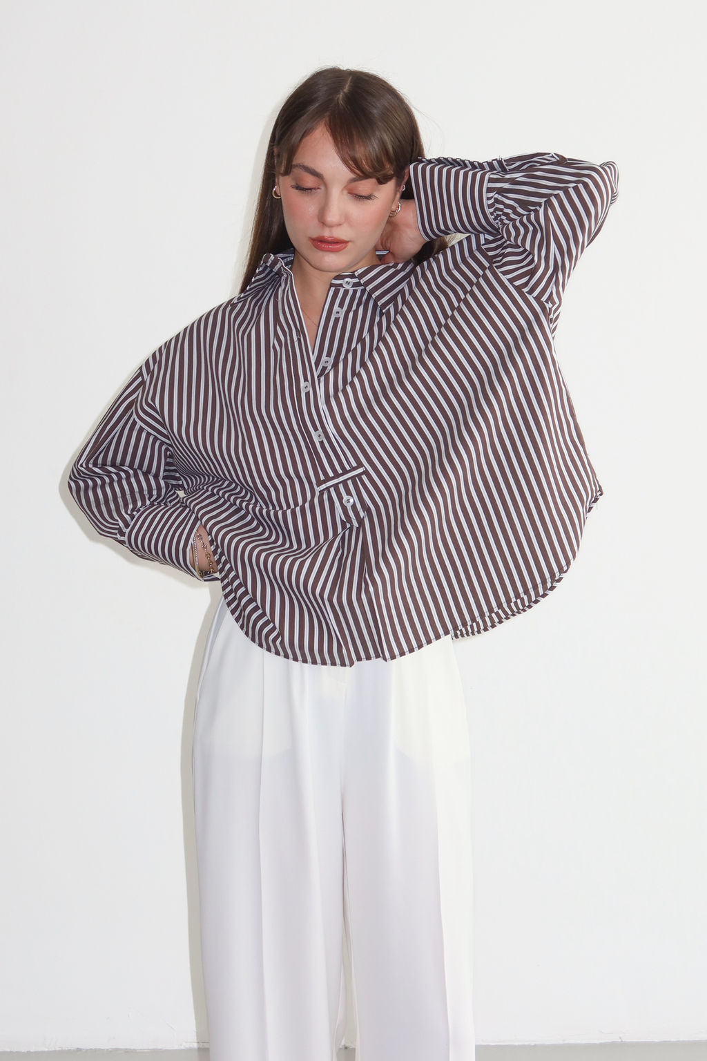 Koyu Kahverengi-Ekru Cizgili Yar?m Dugmeli Oversize Dokuma Bluz TWOSS26BZ00565 - Trendyolmilla фото 4