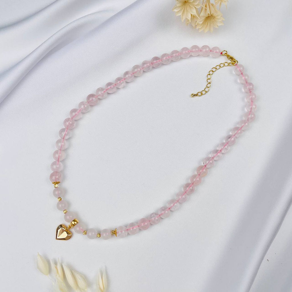 Бусы из Розового кварца и Лунного камня с подвеской Сердце