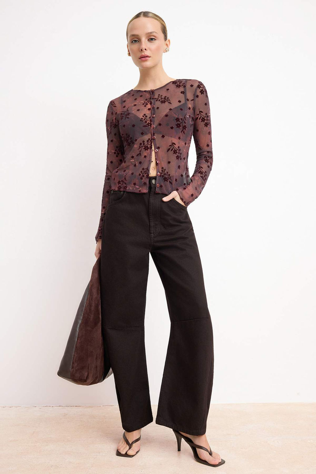 Murdum Cicekli Regular/Normal Kal?p Uzun Kollu Tul Orme Bluz TWOSS26BZ00039