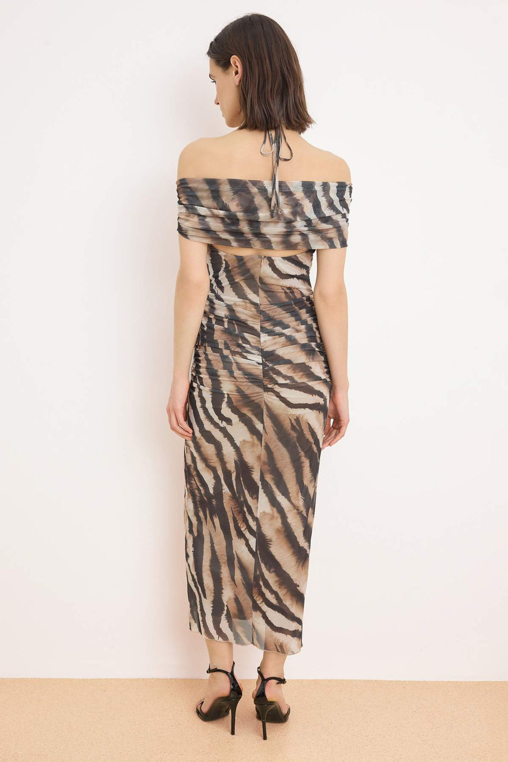 Renkli Zebra Desenli Duz Buzgu / Drape Orme Tul Midi Astarl? Party Elbise