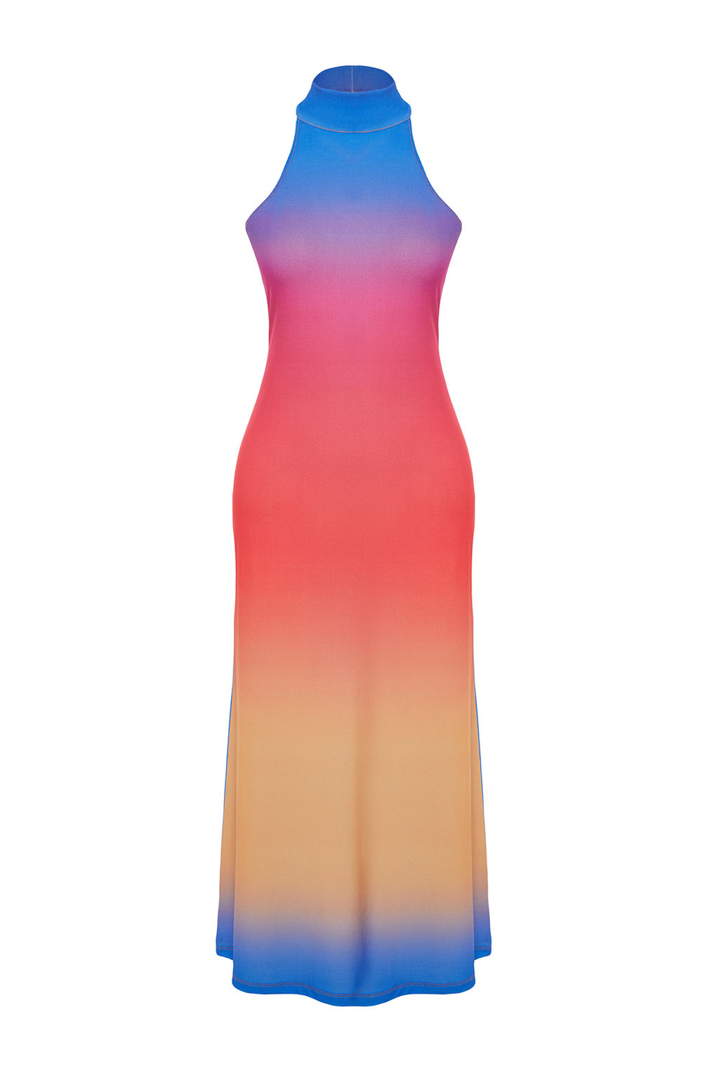 Cok Renkli Desenli Halter Yaka Vucuda Oturan Esnek Orme Midi Kalem Elbise TWOSS24EL00091 - Trendyolmilla фото 7