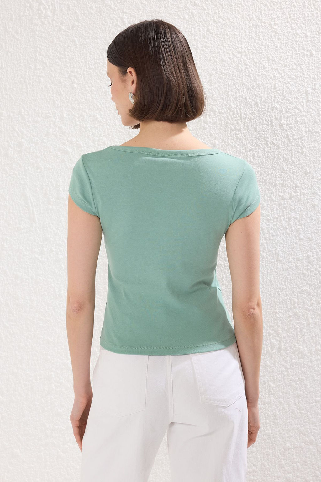 Mint V Yaka Fitted/Vucuda Oturan Orme Bluz TWOSS25BZ00208