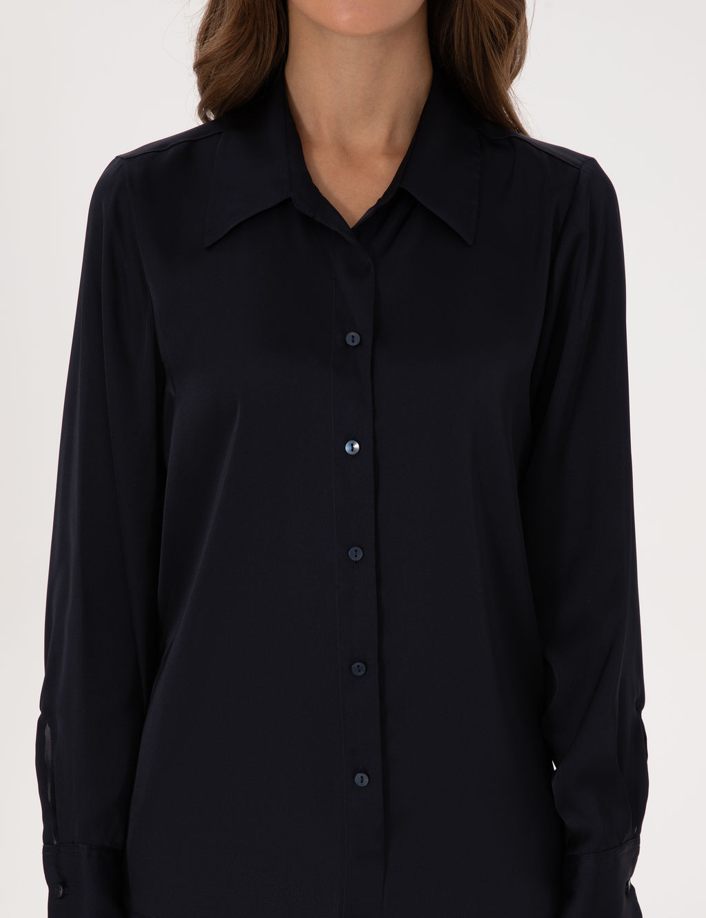 Lacivert Comfort Fit Uzun Kollu Saten G_mlek