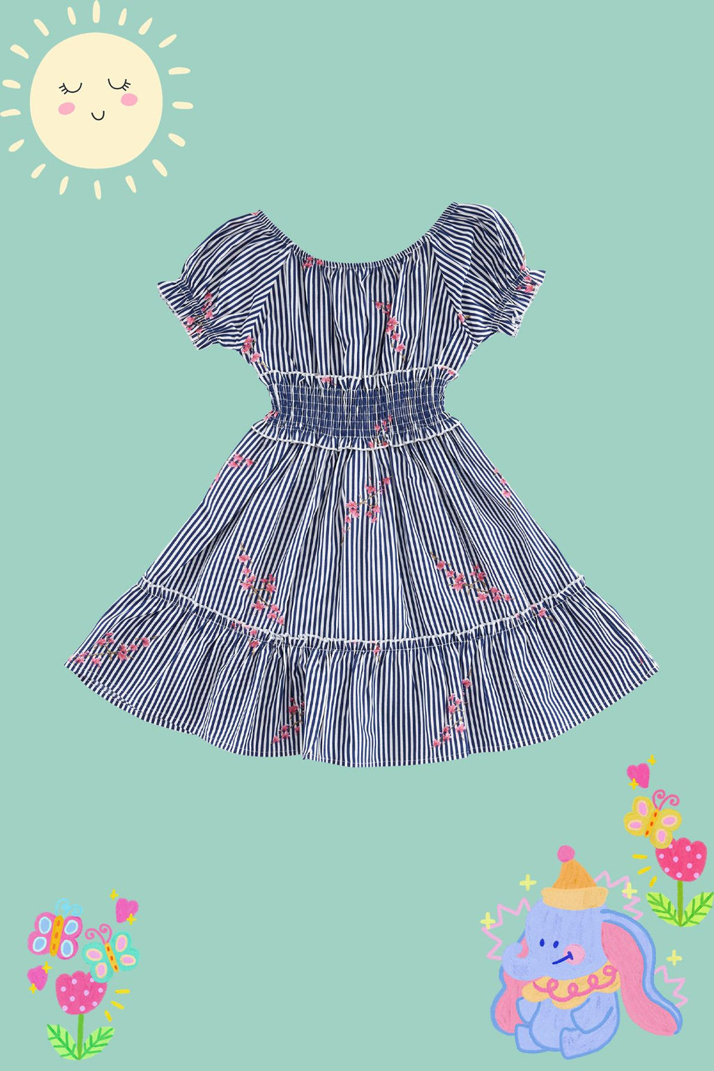 Cok Renkli K?z Cocuk Cicek Desenli Pamuklu Beli Lastikli K?sa Kol Dokuma Elbise TKDSS24EL00018 - Trendyolmilla фото 6