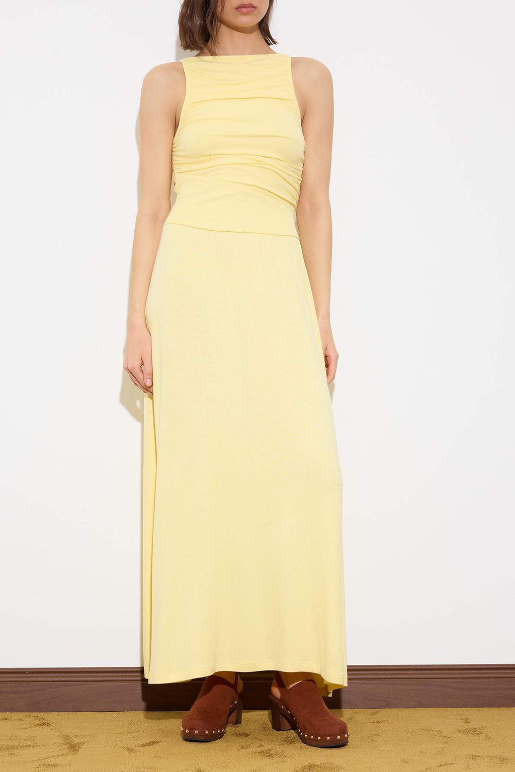 Limited Edition Ac?k Sar? A-Kesim/Can Kay?k Yaka Buzgulu Uzun Yumusak Orme Elbise TWOSS26EL00021