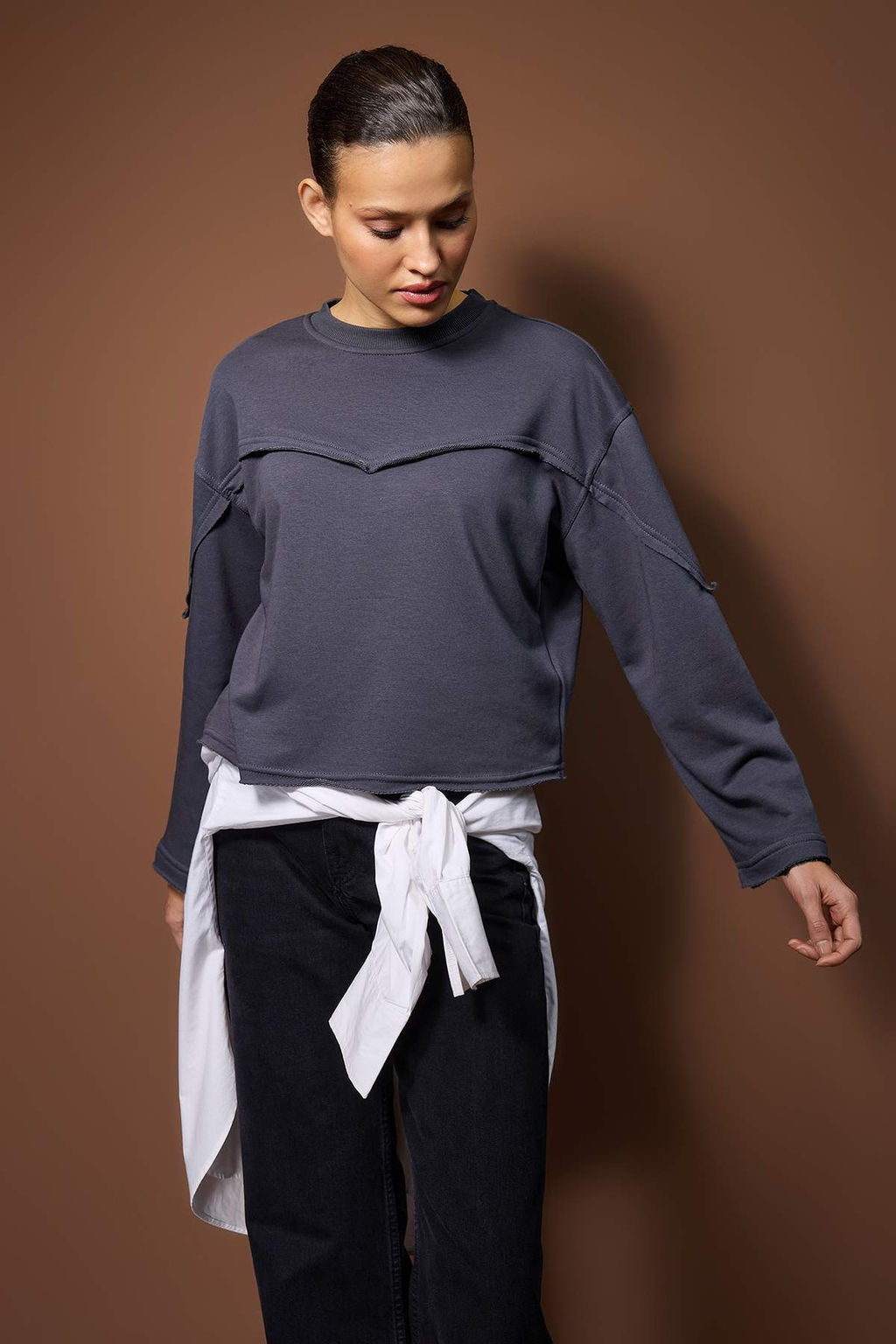 Ac?k Sar? Kal?n Sardonsuz Ispanyol Kol Dikis Detayl? Relaxed Orme Sweatshirt TWOAW26SW00110 - Trendyolmilla фото 9