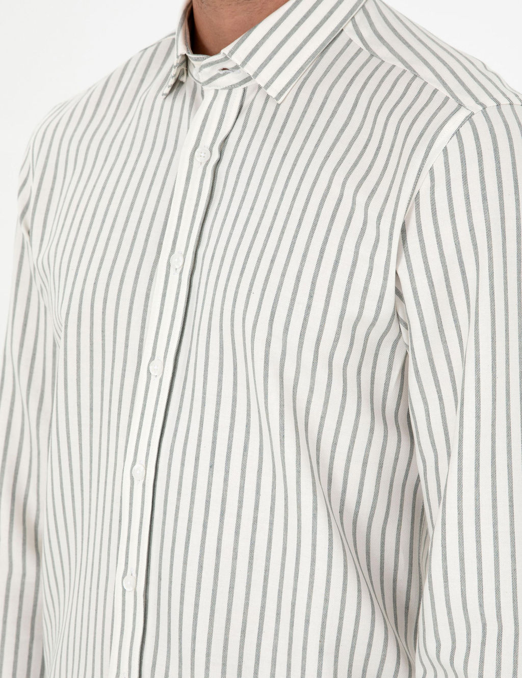 Haki _izgili Slim Fit Uzun Kollu G_mlek