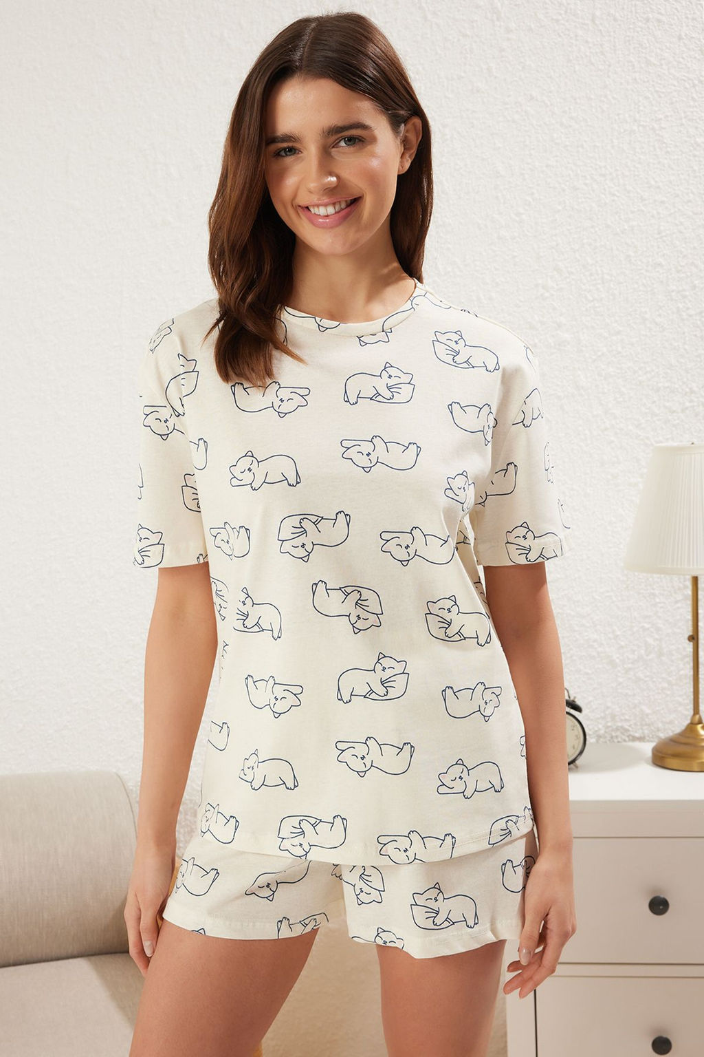 Trendyolmilla Mavi %100 Pamuklu Kedili Sortlu Orme Pijama Tak?m? THMSS25PT00249
