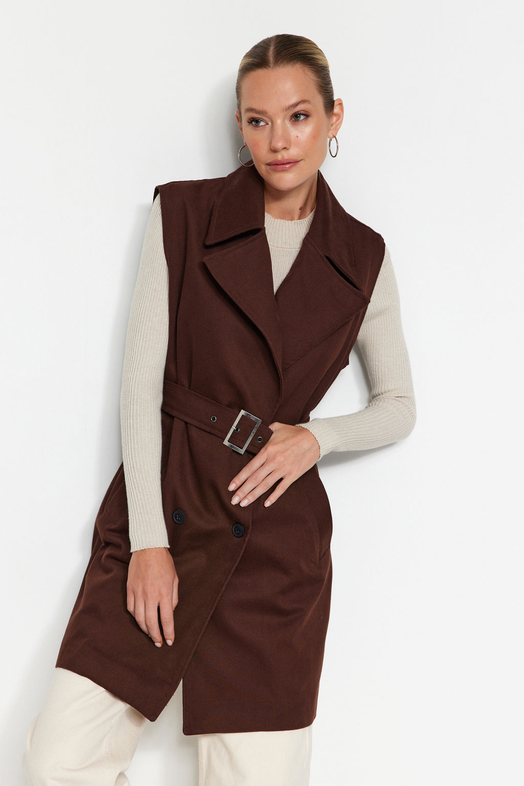 Kahverengi Oversize Kemerli Trenckot Yelek TWOAW24YE00084