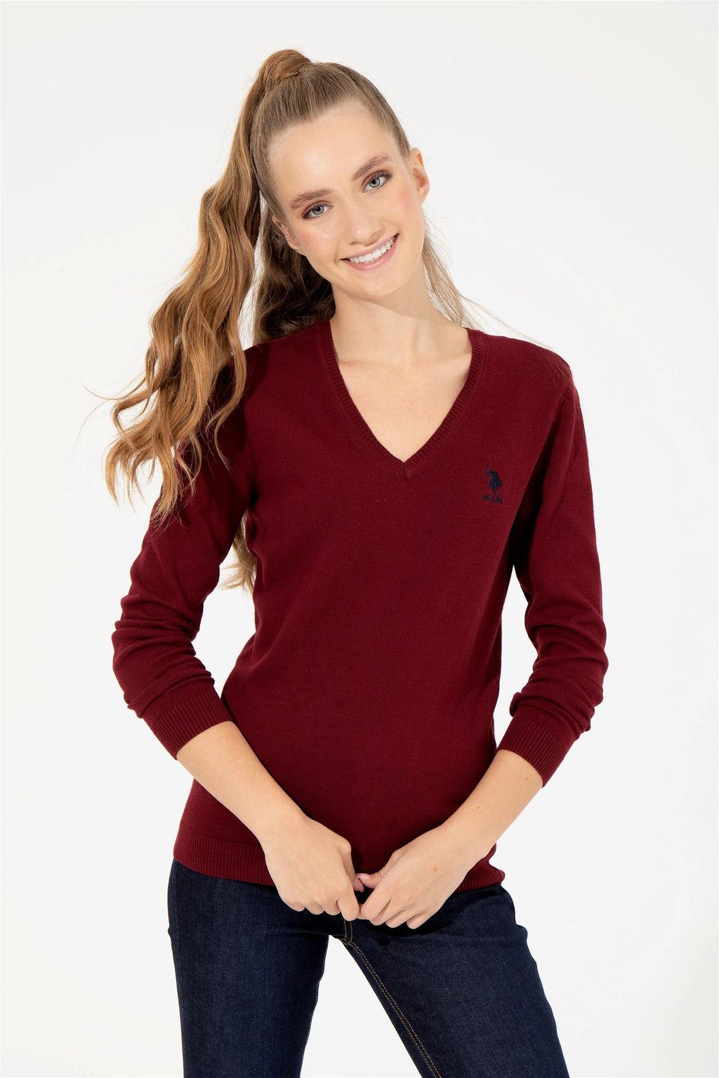 Женский бордовый базовый свитер с v-образным вырезом Неожиданная скидка в корзине - U.s. polo assn фото 2