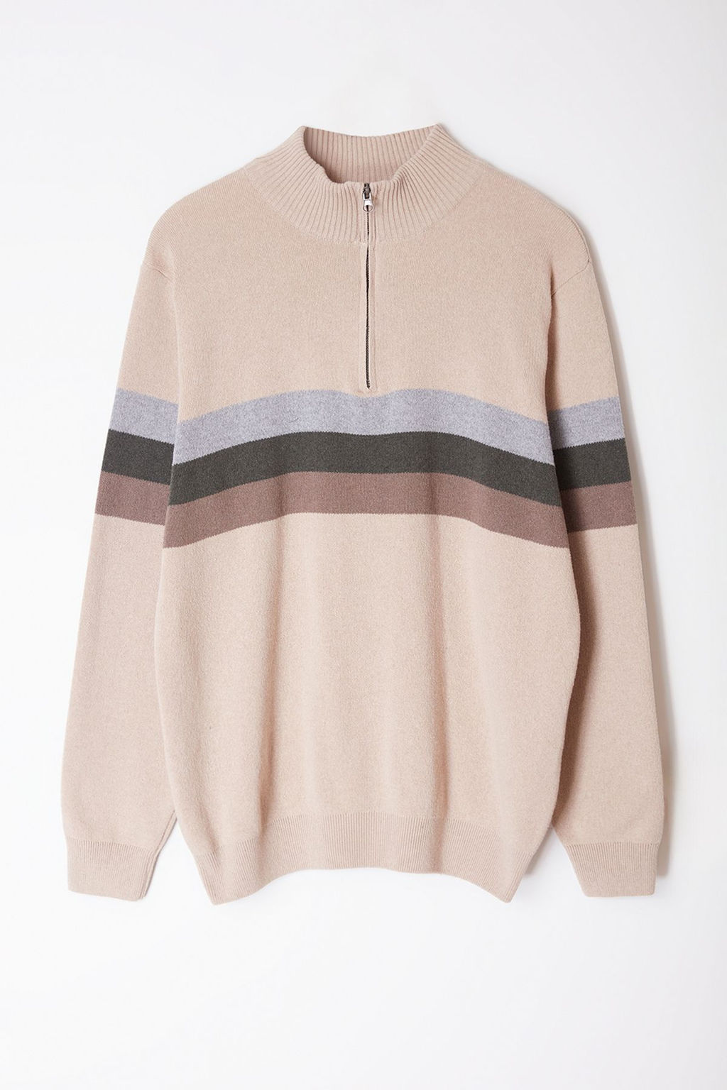 Bej Regular Pamuklu Yar?m Bal?kc? Yaka Renk Bloklu Triko Kazak TMNAW25KZ00013 - Trendyolmilla фото 6