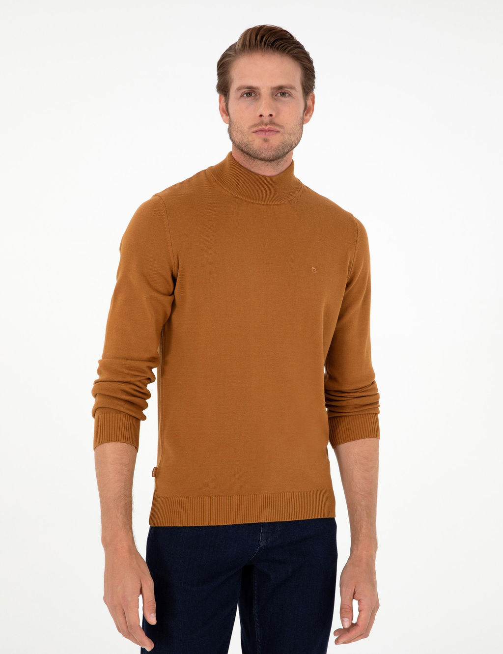 Kahverengi Slim Fit Yar_m Bal_k__ Yaka Basic Triko Kazak