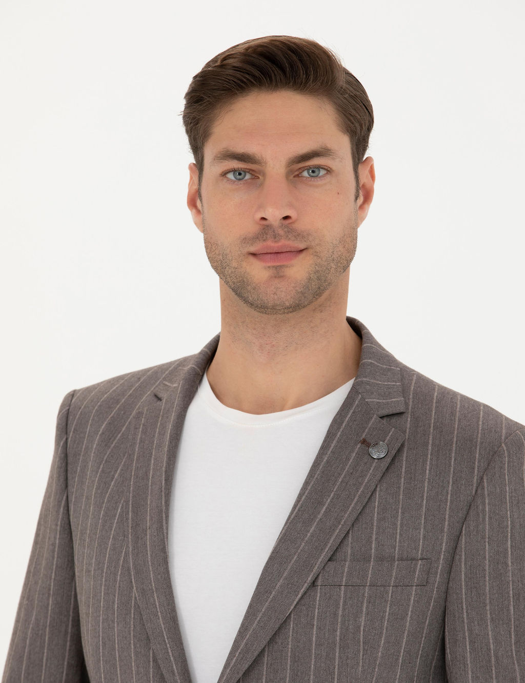 A__k Kahverengi Ex. Slim Fit _izgili Tak_m Elbise