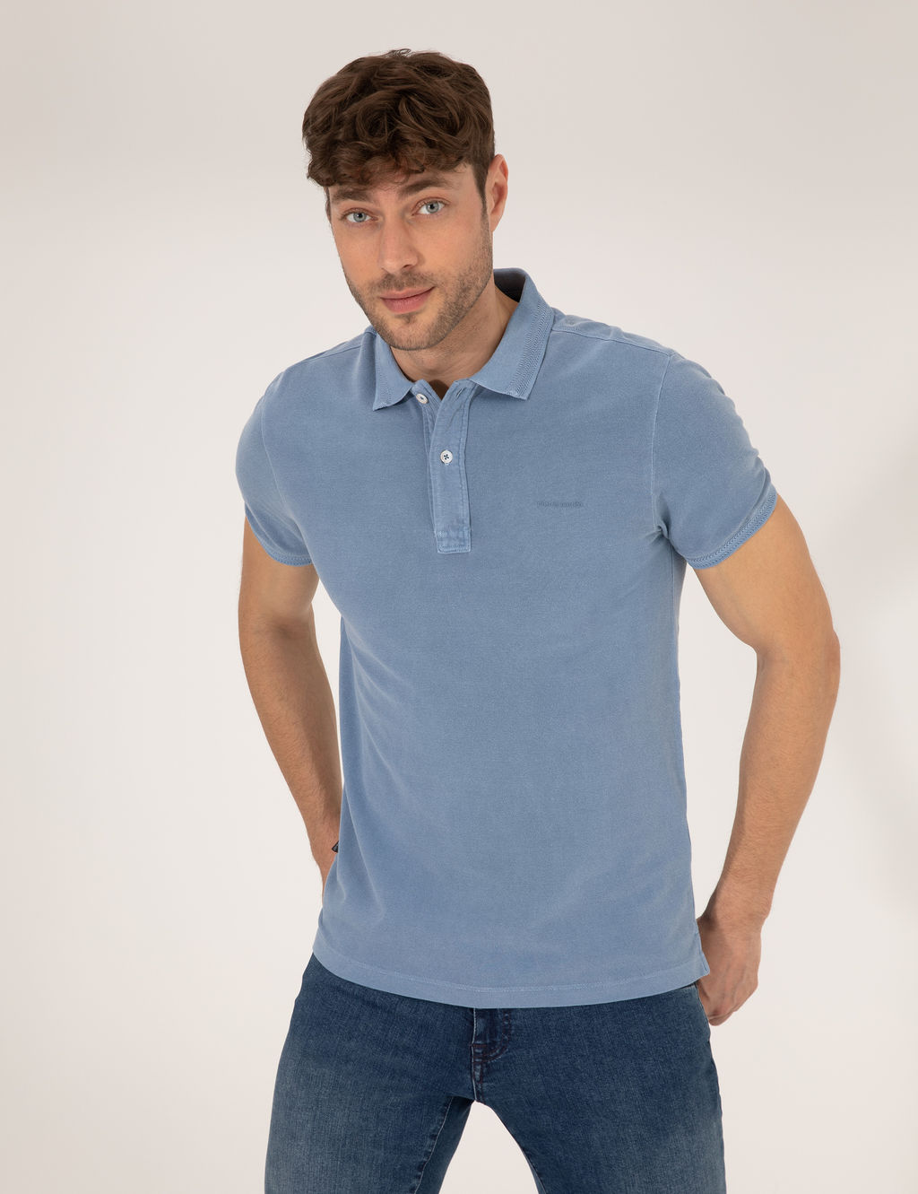 Koyu Mavi Slim Fit Eskitme Polo Yaka Ti__rt
