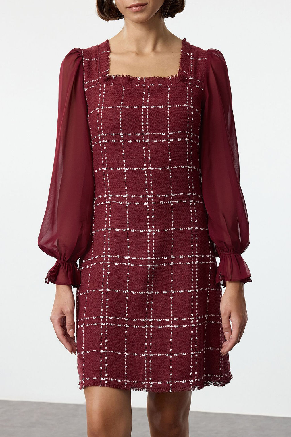 Bordo Ekose / Kareli Mini Dokuma Elbise TWOAW21EL0532