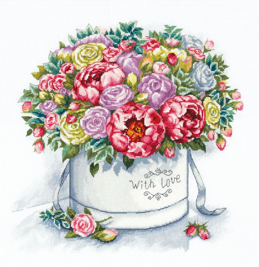 Набор для вышивания PANNA Золотая серия C-7058 Пионы в шляпной коробке 33 х 32 см