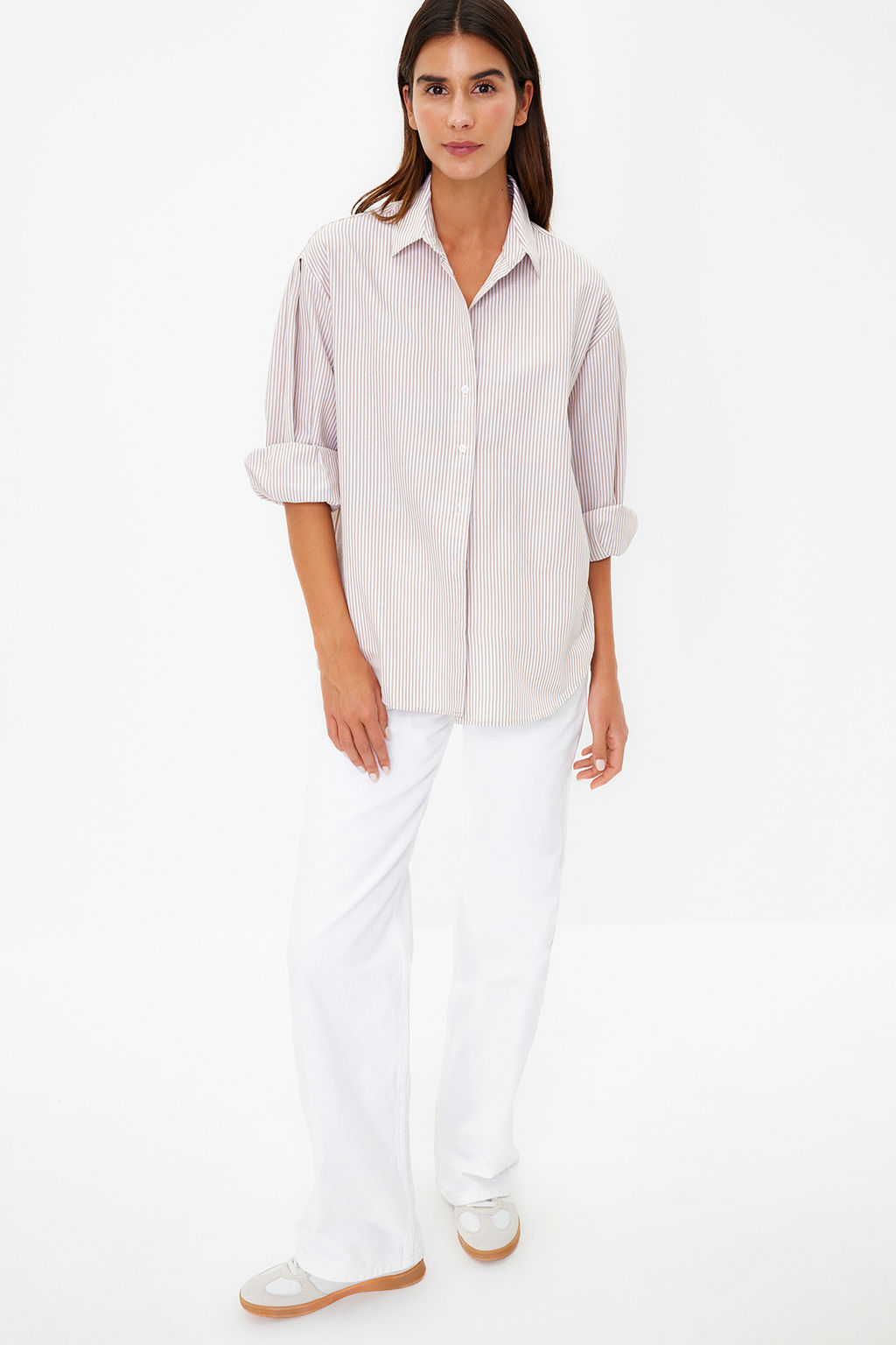 TRENDYOLMILLA Mavi Cizgili Oversize/Genis Kal?p Dokuma Gomlek TWOSS23GO00144  фото 10