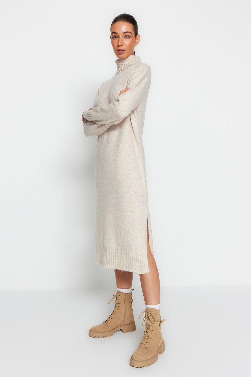 TRENDYOLMILLA Camel Midi Triko Genis Kal?p Yumusak Dokulu Elbise TWOAW24EL00034 фото 16