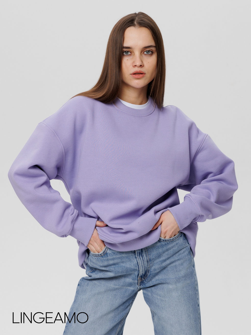 Женский свитшот оверсайз из футера с начесом Lingeamo сиреневый ВК-23 (32)  фото 5